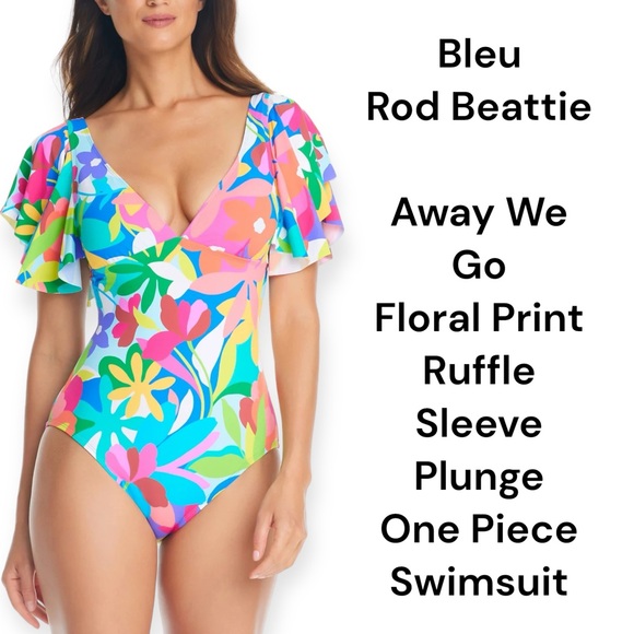 Bleu Rod Beattie Other - Bleu Rod Beattie multicolor retro floral ruffle sleeve one piece swimsuit size 8